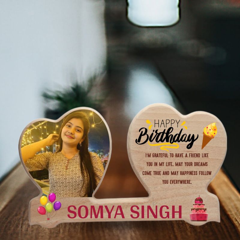 Personalised Wooden Happy Birthday Double Heart Photo Frame  Birthday Quote Wood Frame for Bestie, Sister, or Daughter  Tabletop Birthday Decor & Keepsake